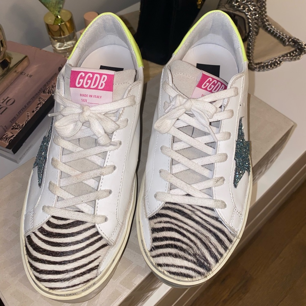Hi star sneakers with blue glitter star and zebra print pony skin insert